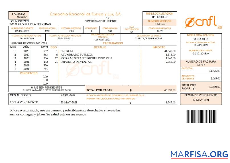 Downloadable Costa Rica Compañía Nacional de Fuerza y Luz, S.A. (CNFL) utility bill template